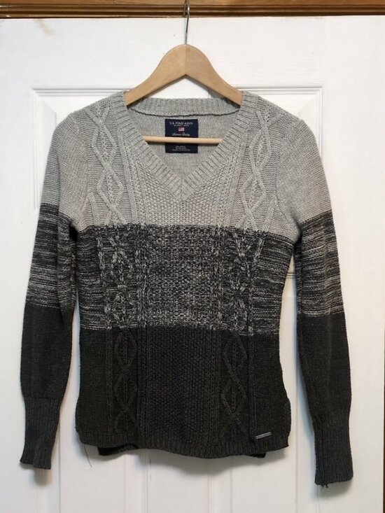 U.S. Polo Assn. Sweaters - U.S. Polo Assn. Women's V-Neck Cable Knit Sweater Gray Color Block Size S Preppy